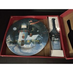 Ceramic Cake Plate with Server 12" Round Tray Snowman Lighthouse Christmas NEW